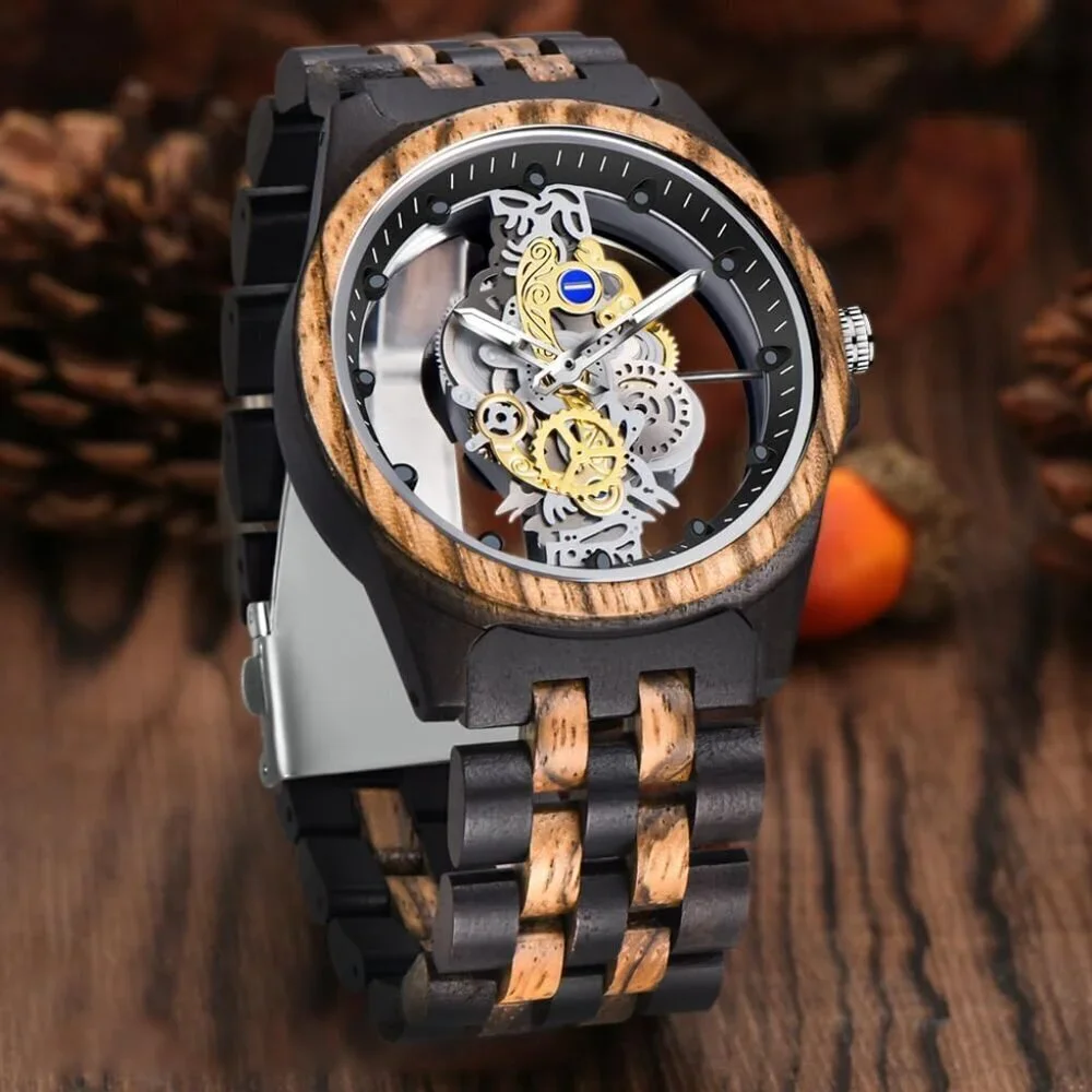 Men's Black Brown Wooden Lightweight Deployment Closure Analog Quartz Watches